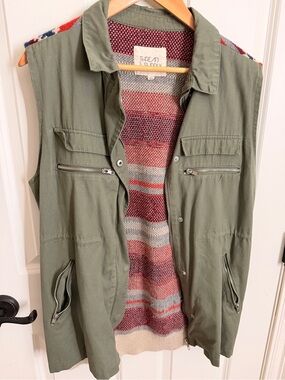 Thread & Supply Olive Utility Vest with Multicolor Striped Knit Interior